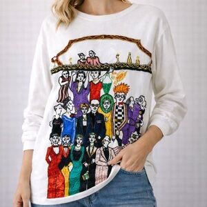 Vintage Cedars Beaded Applique Party People Colorful Graphic Long Sleeve Shirt